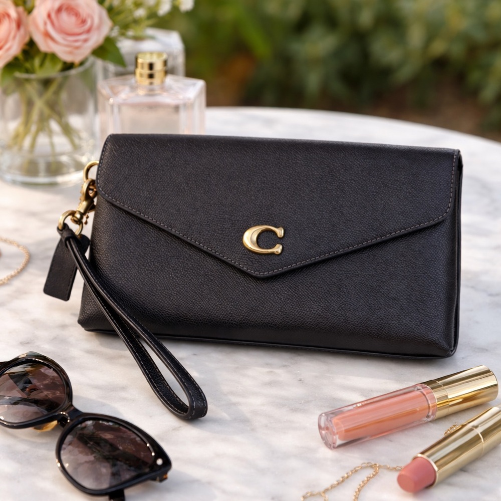 “SOLD”🖤 Coach Black Leather Envelope Wristlet Clutch Gold Logo with Large Wallet
